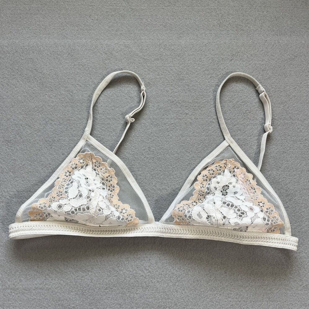 Victorias Secret sz S White Lace Mesh Scallop Bralette V-Neck Strappy Triangle
